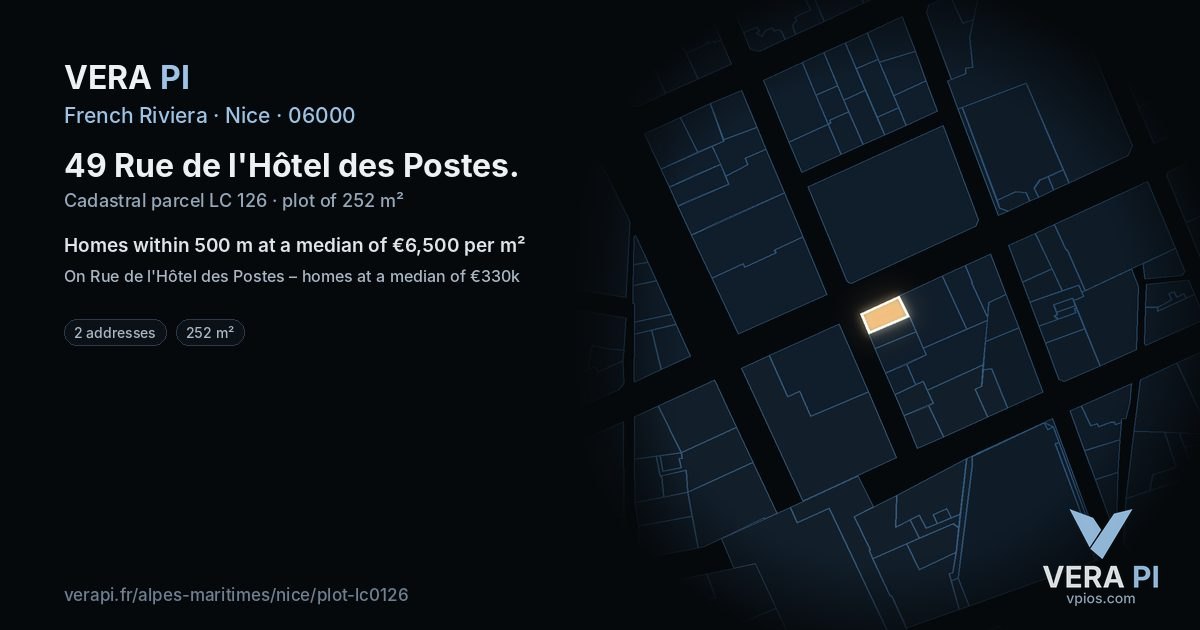 49 Rue de l'Hôtel des Postes, Nice at night – the plot lit, the parcels around coloured by the prices near them