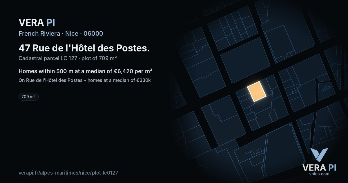 47 Rue de l'Hôtel des Postes, Nice at night – the plot lit, the parcels around coloured by the prices near them