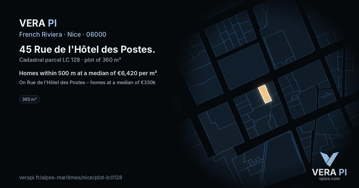 45 Rue de l'Hôtel des Postes, Nice at night – the plot lit, the parcels around coloured by the prices near them