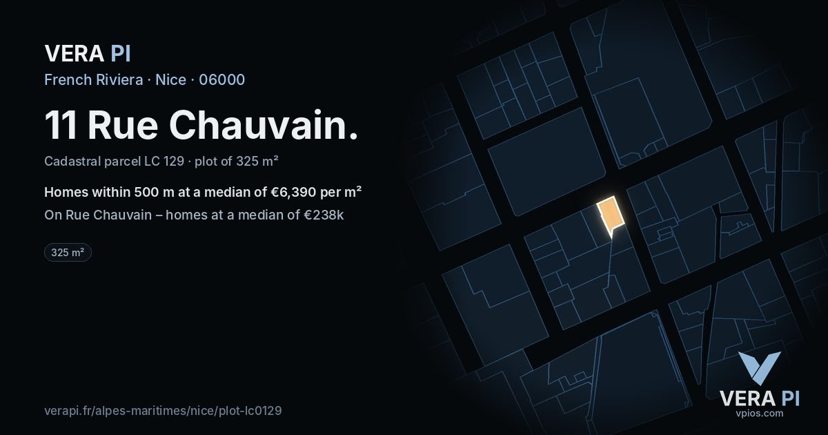 11 Rue Chauvain, Nice at night – the plot lit, the parcels around coloured by the prices near them