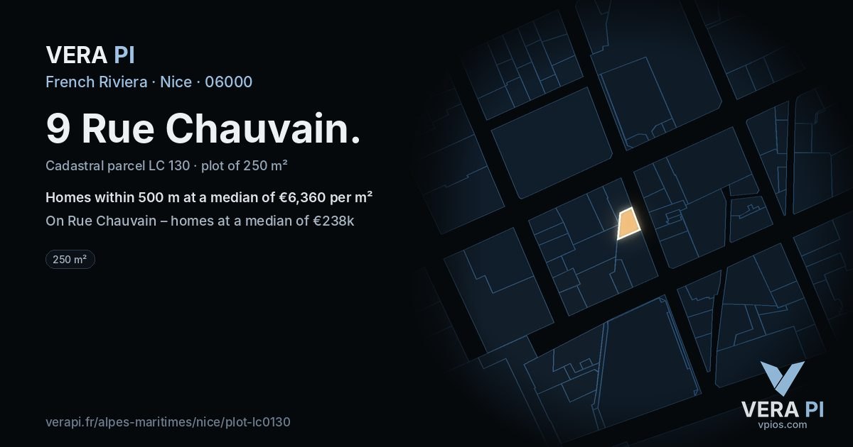 9 Rue Chauvain, Nice at night – the plot lit, the parcels around coloured by the prices near them
