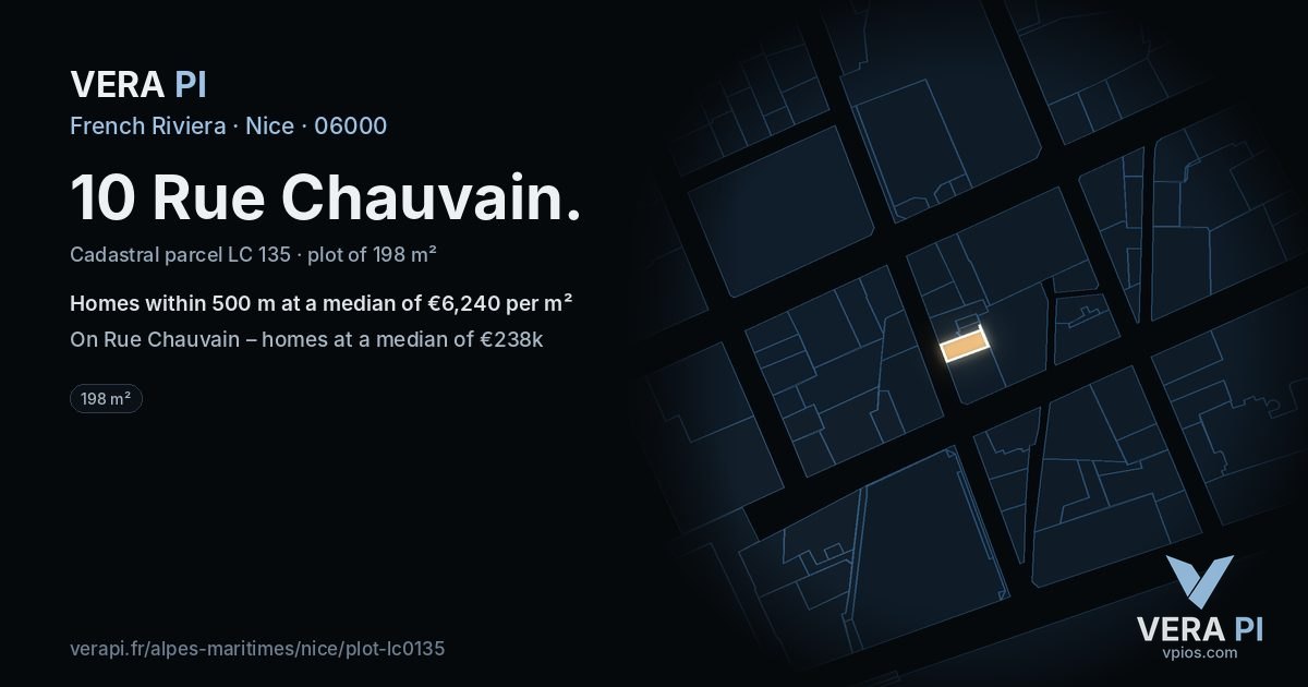 10 Rue Chauvain, Nice at night – the plot lit, the parcels around coloured by the prices near them