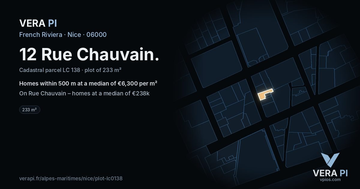 12 Rue Chauvain, Nice at night – the plot lit, the parcels around coloured by the prices near them