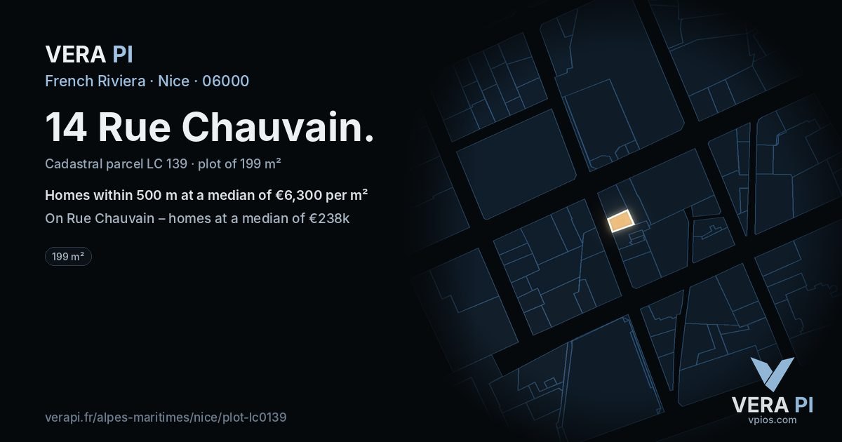 14 Rue Chauvain, Nice at night – the plot lit, the parcels around coloured by the prices near them