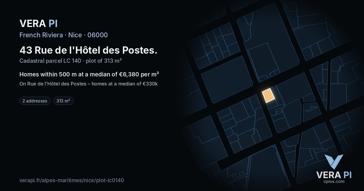 43 Rue de l'Hôtel des Postes, Nice at night – the plot lit, the parcels around coloured by the prices near them