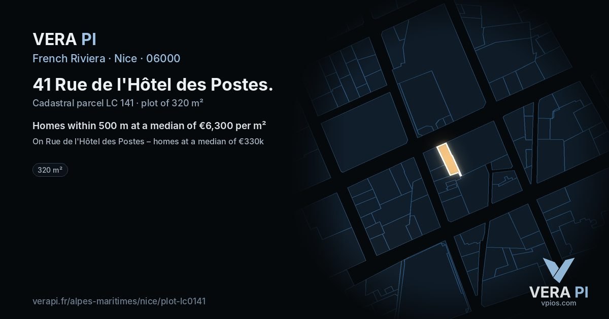 41 Rue de l'Hôtel des Postes, Nice at night – the plot lit, the parcels around coloured by the prices near them