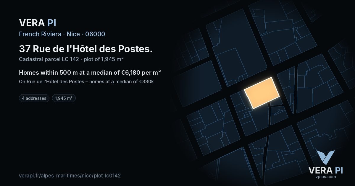 37 Rue de l'Hôtel des Postes, Nice at night – the plot lit, the parcels around coloured by the prices near them