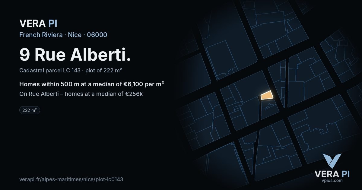 9 Rue Alberti, Nice at night – the plot lit, the parcels around coloured by the prices near them