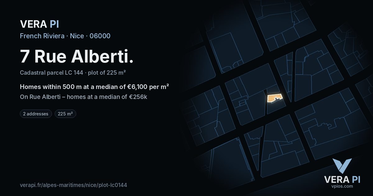 7 Rue Alberti, Nice at night – the plot lit, the parcels around coloured by the prices near them