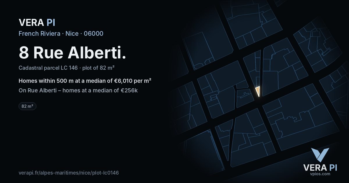 8 Rue Alberti, Nice at night – the plot lit, the parcels around coloured by the prices near them