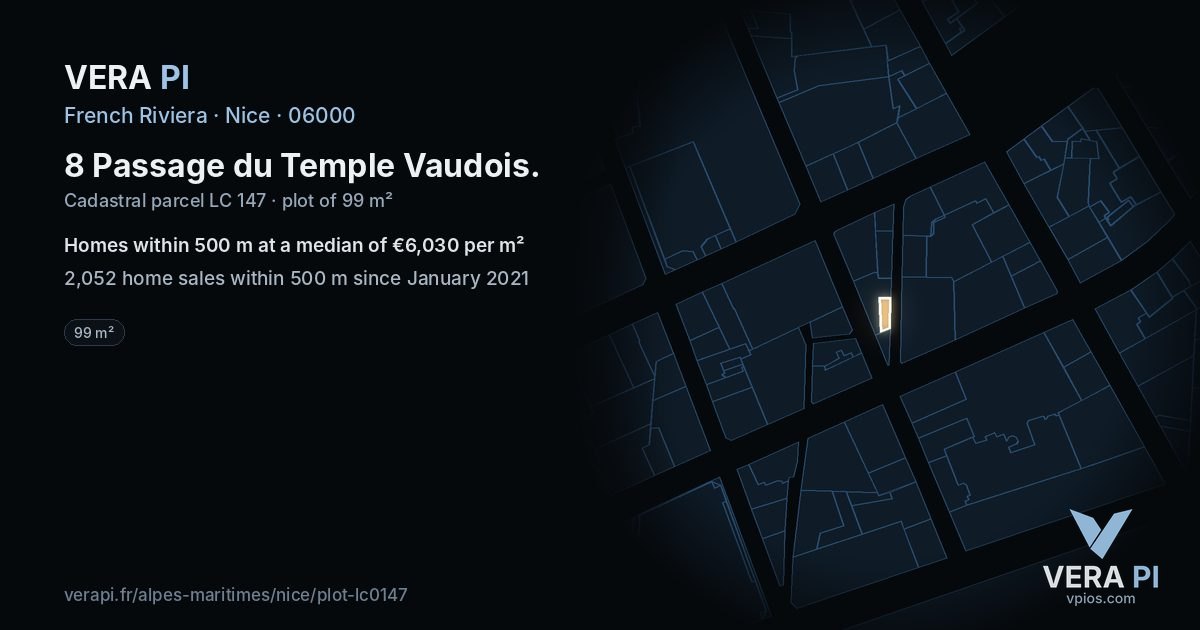 8 Passage du Temple Vaudois, Nice at night – the plot lit, the parcels around coloured by the prices near them