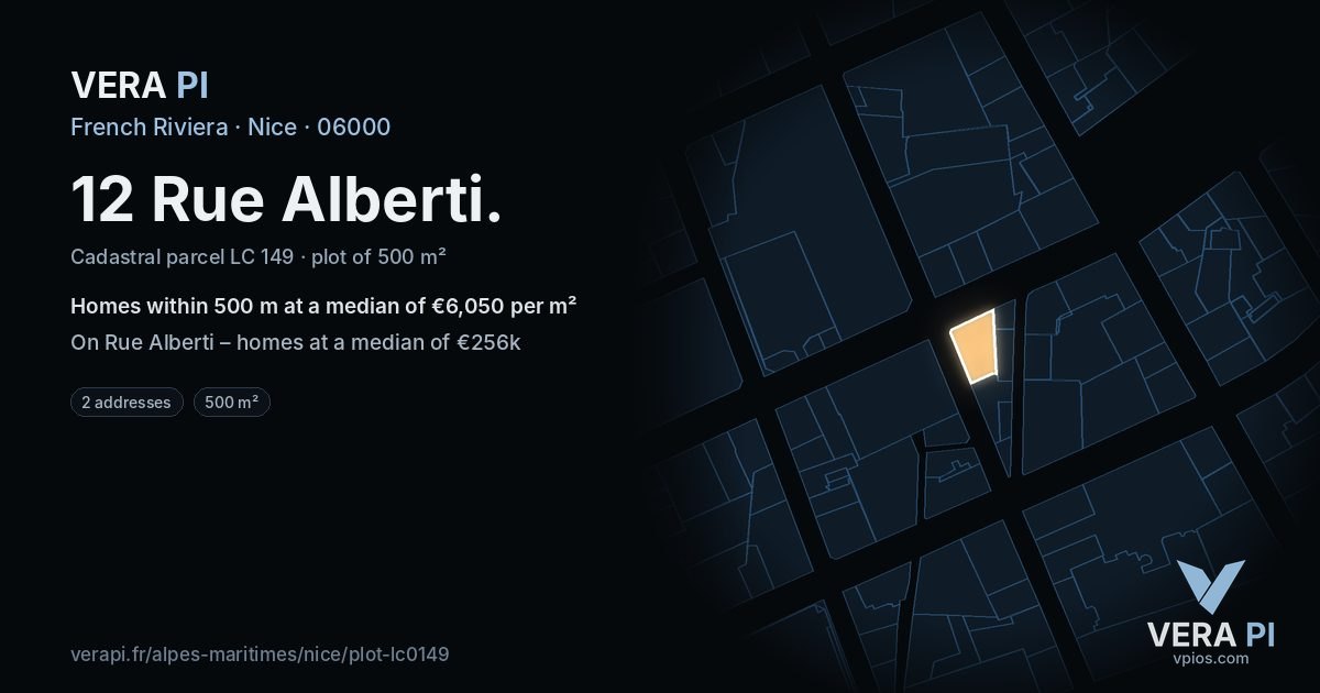 12 Rue Alberti, Nice at night – the plot lit, the parcels around coloured by the prices near them