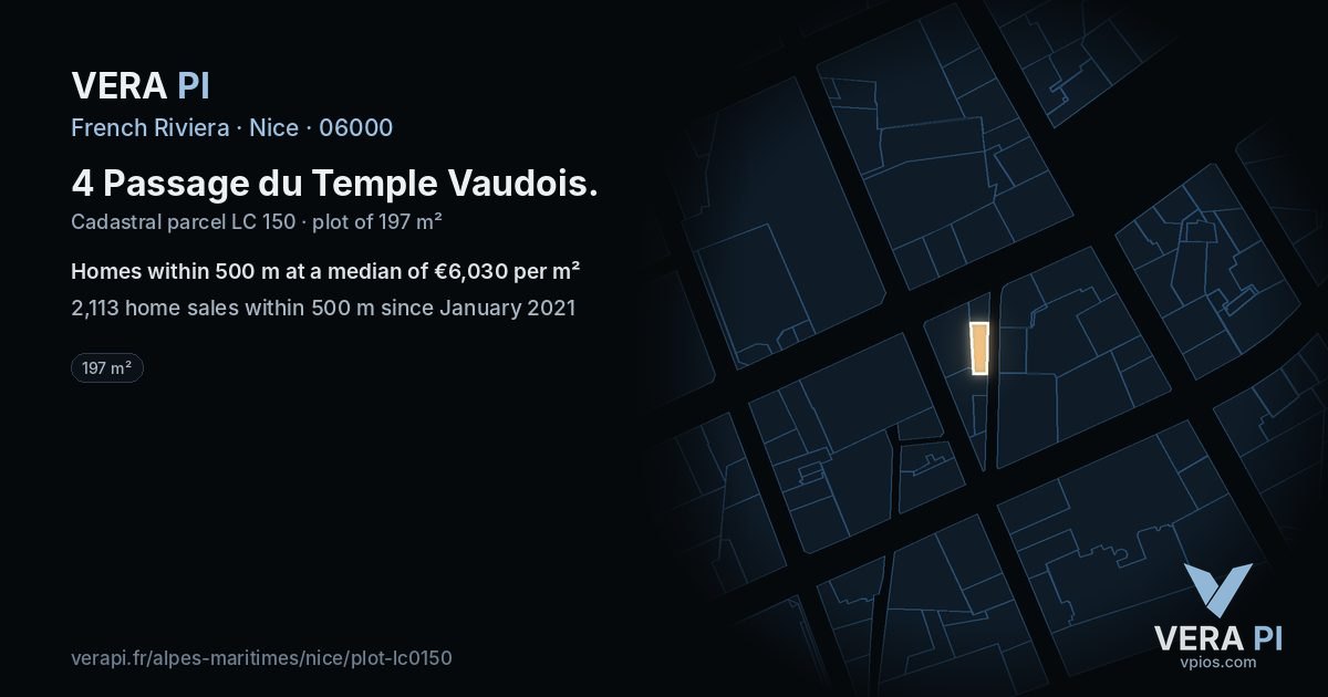 4 Passage du Temple Vaudois, Nice at night – the plot lit, the parcels around coloured by the prices near them