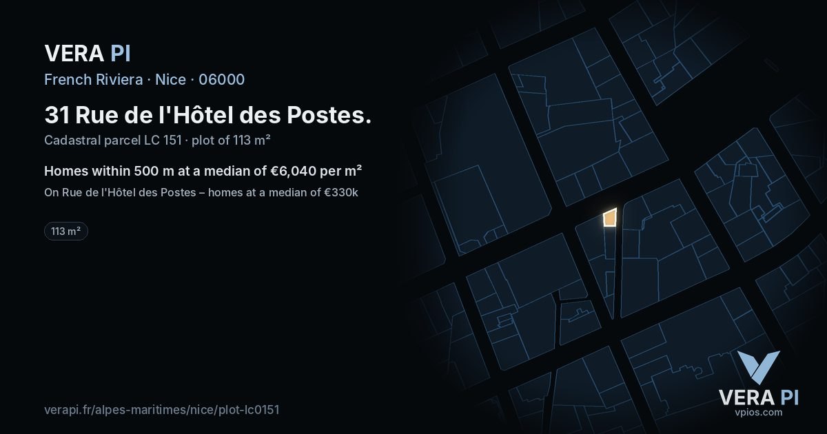 31 Rue de l'Hôtel des Postes, Nice at night – the plot lit, the parcels around coloured by the prices near them