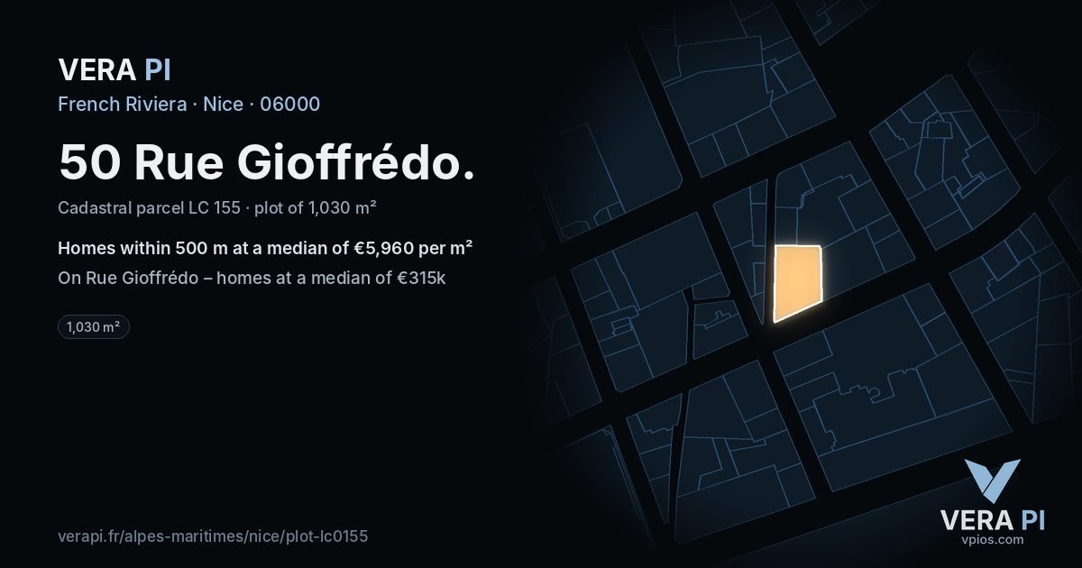 50 Rue Gioffrédo, Nice at night – the plot lit, the parcels around coloured by the prices near them
