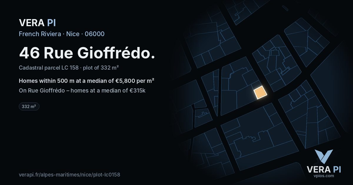 46 Rue Gioffrédo, Nice at night – the plot lit, the parcels around coloured by the prices near them