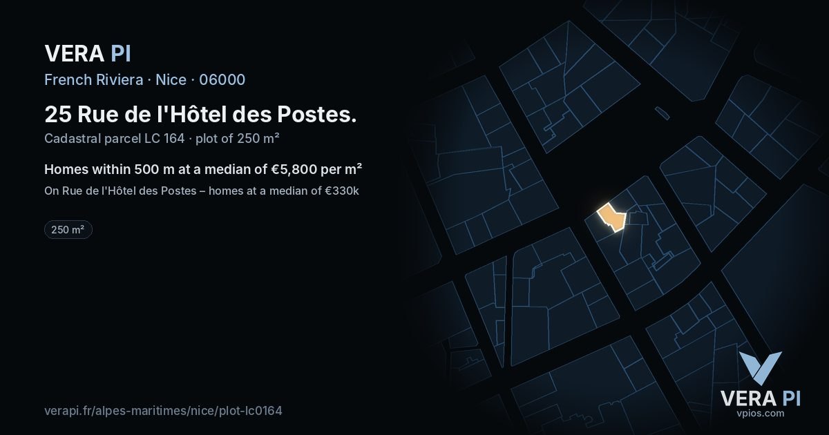 25 Rue de l'Hôtel des Postes, Nice at night – the plot lit, the parcels around coloured by the prices near them