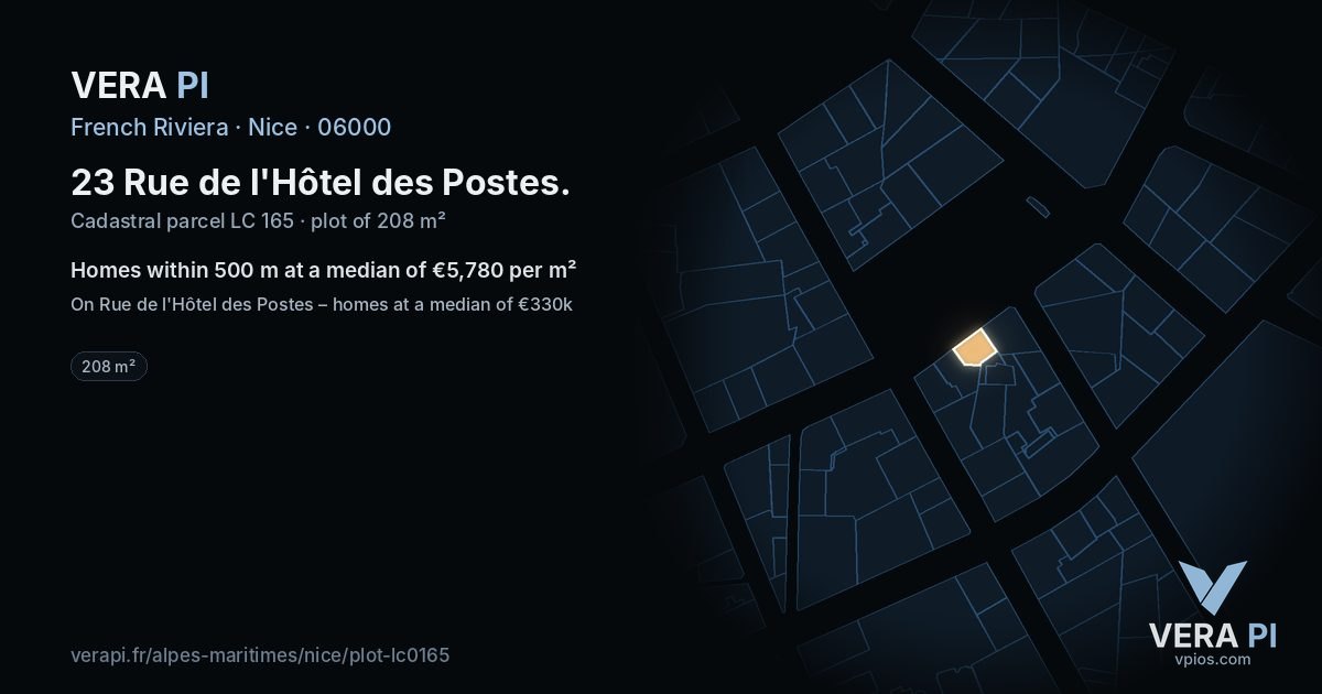 23 Rue de l'Hôtel des Postes, Nice at night – the plot lit, the parcels around coloured by the prices near them