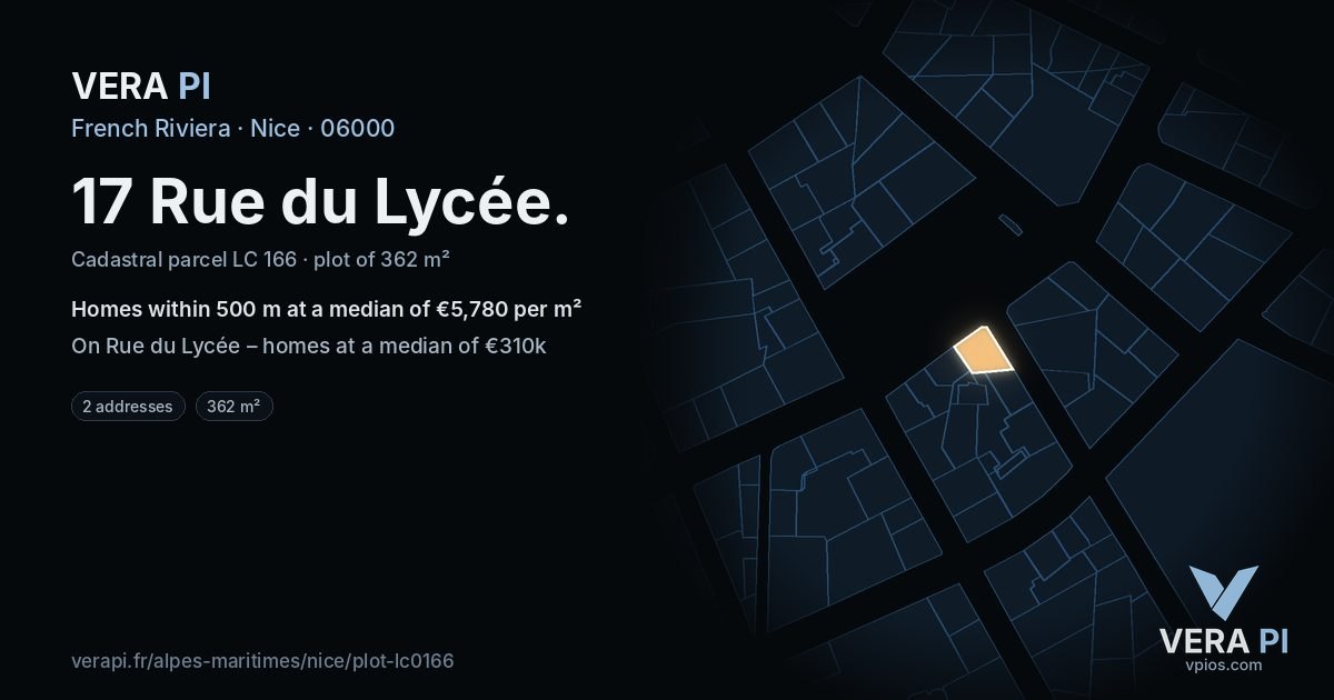 17 Rue du Lycée, Nice at night – the plot lit, the parcels around coloured by the prices near them