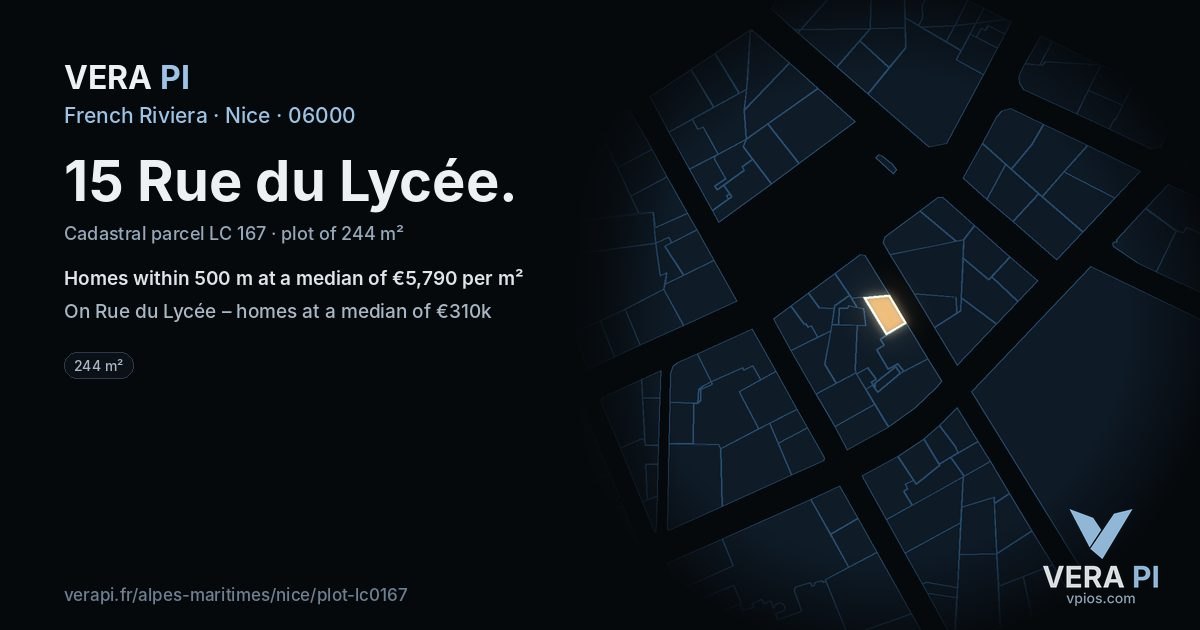 15 Rue du Lycée, Nice at night – the plot lit, the parcels around coloured by the prices near them