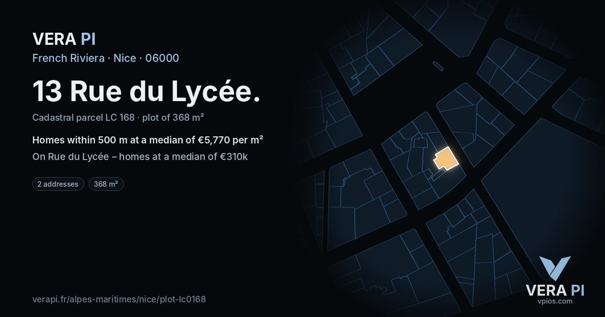 13 Rue du Lycée, Nice at night – the plot lit, the parcels around coloured by the prices near them