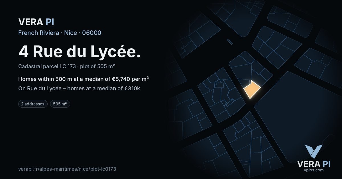 4 Rue du Lycée, Nice at night – the plot lit, the parcels around coloured by the prices near them