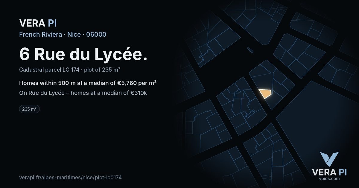 6 Rue du Lycée, Nice at night – the plot lit, the parcels around coloured by the prices near them