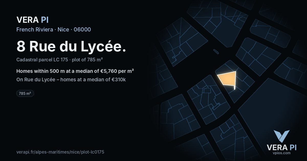 8 Rue du Lycée, Nice at night – the plot lit, the parcels around coloured by the prices near them