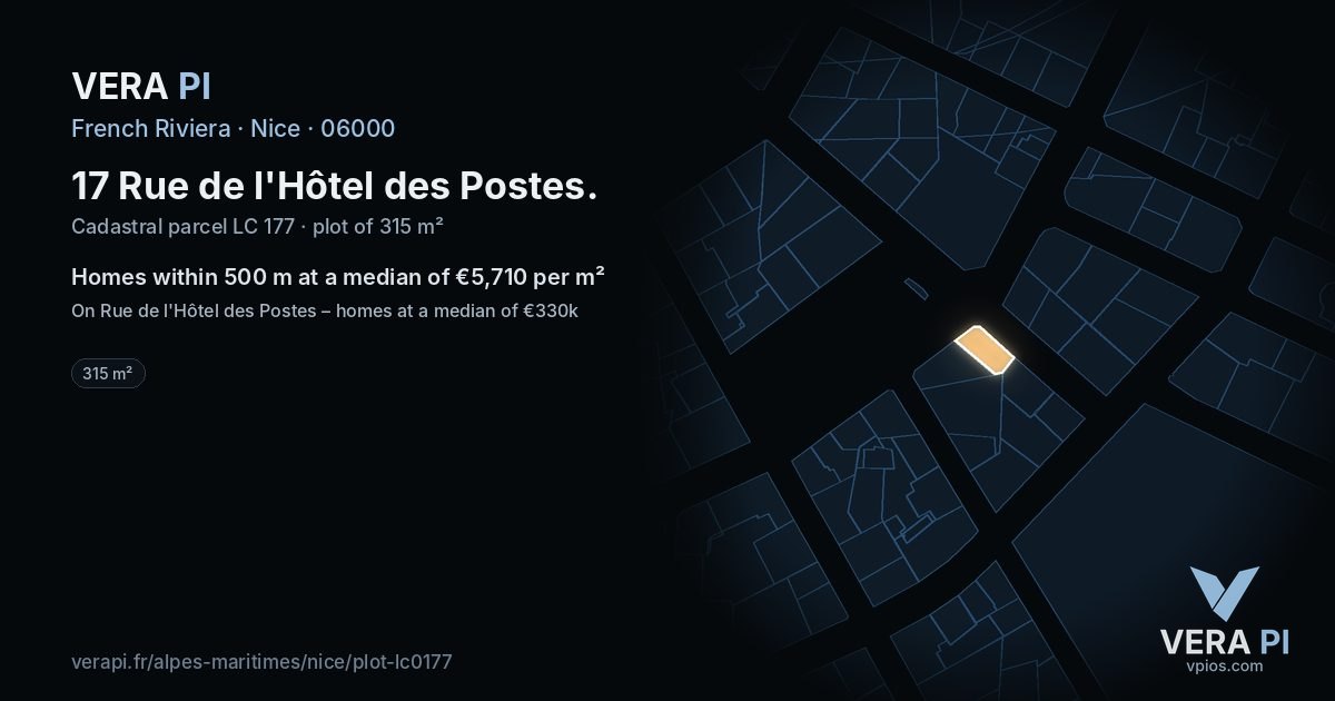 17 Rue de l'Hôtel des Postes, Nice at night – the plot lit, the parcels around coloured by the prices near them