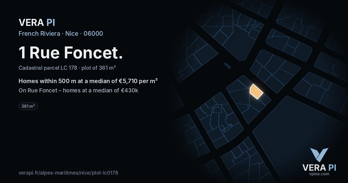 1 Rue Foncet, Nice at night – the plot lit, the parcels around coloured by the prices near them