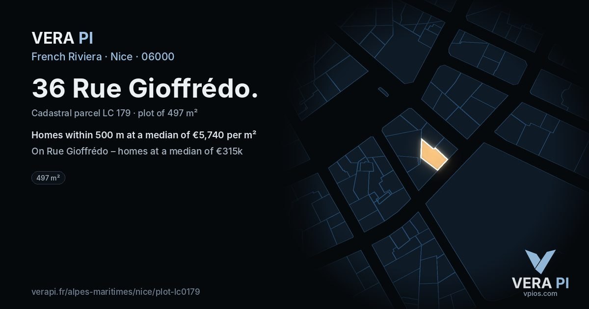 36 Rue Gioffrédo, Nice at night – the plot lit, the parcels around coloured by the prices near them