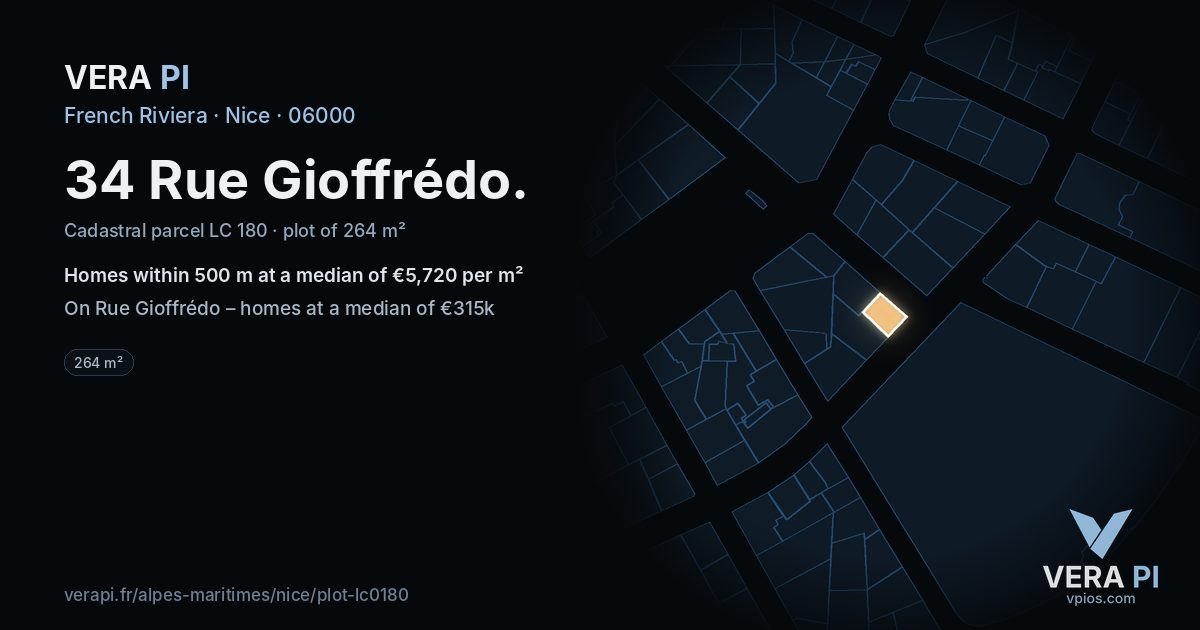 34 Rue Gioffrédo, Nice at night – the plot lit, the parcels around coloured by the prices near them