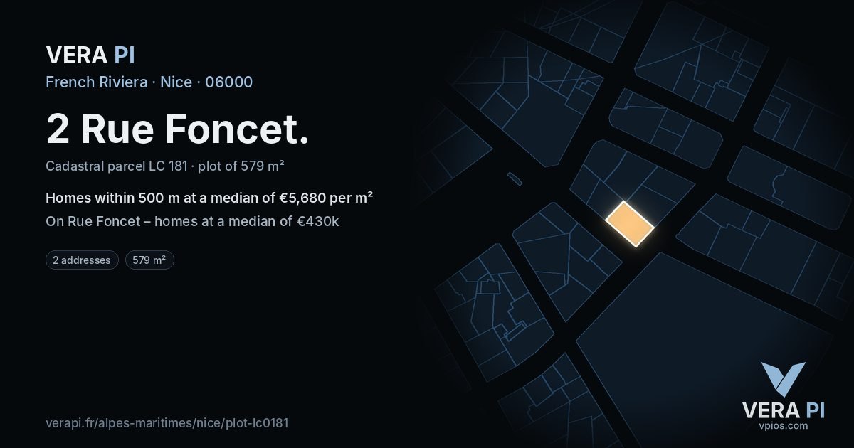 2 Rue Foncet, Nice at night – the plot lit, the parcels around coloured by the prices near them