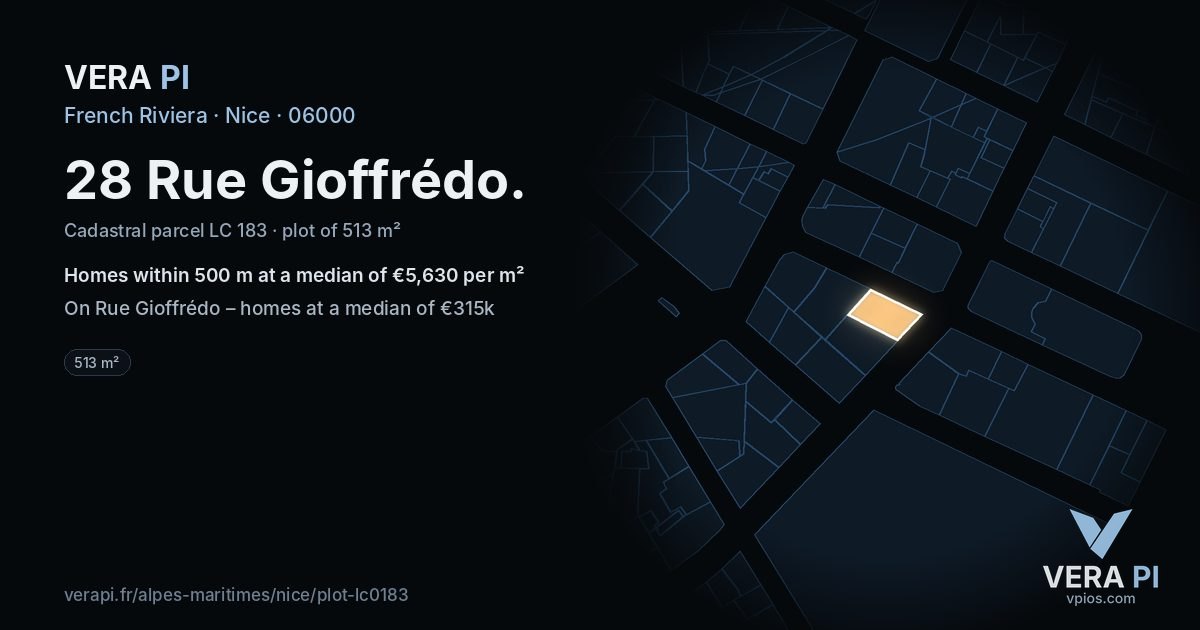 28 Rue Gioffrédo, Nice at night – the plot lit, the parcels around coloured by the prices near them