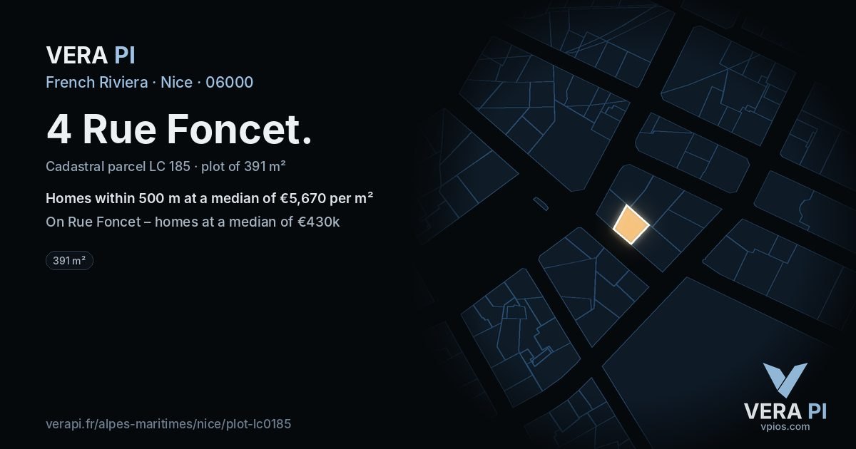 4 Rue Foncet, Nice at night – the plot lit, the parcels around coloured by the prices near them