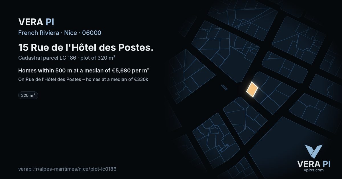 15 Rue de l'Hôtel des Postes, Nice at night – the plot lit, the parcels around coloured by the prices near them