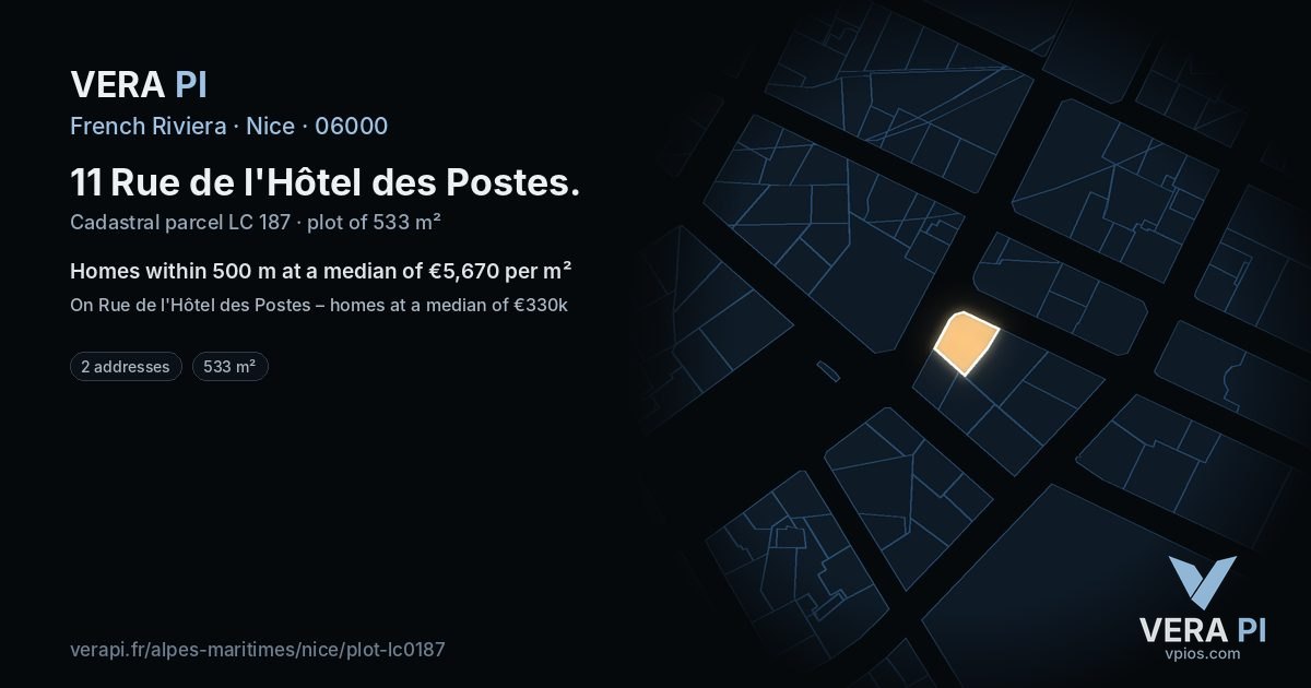 11 Rue de l'Hôtel des Postes, Nice at night – the plot lit, the parcels around coloured by the prices near them