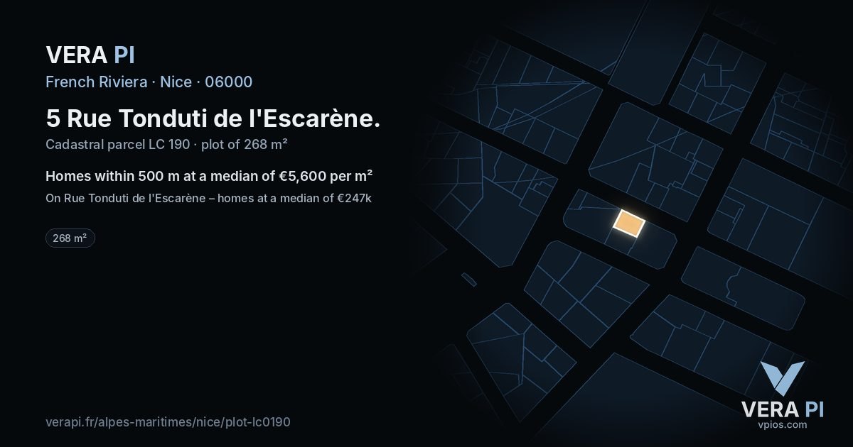 5 Rue Tonduti de l'Escarène, Nice at night – the plot lit, the parcels around coloured by the prices near them