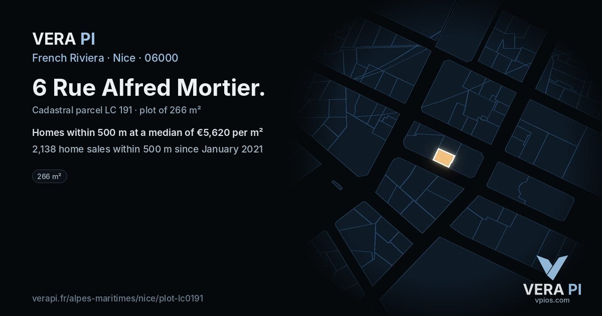 6 Rue Alfred Mortier, Nice at night – the plot lit, the parcels around coloured by the prices near them
