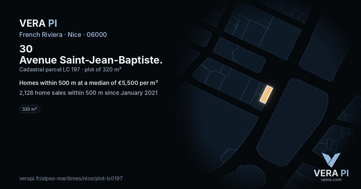 30 Avenue Saint-Jean-Baptiste, Nice at night – the plot lit, the parcels around coloured by the prices near them
