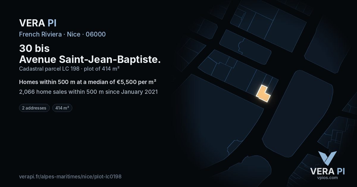 30 bis Avenue Saint-Jean-Baptiste, Nice at night – the plot lit, the parcels around coloured by the prices near them