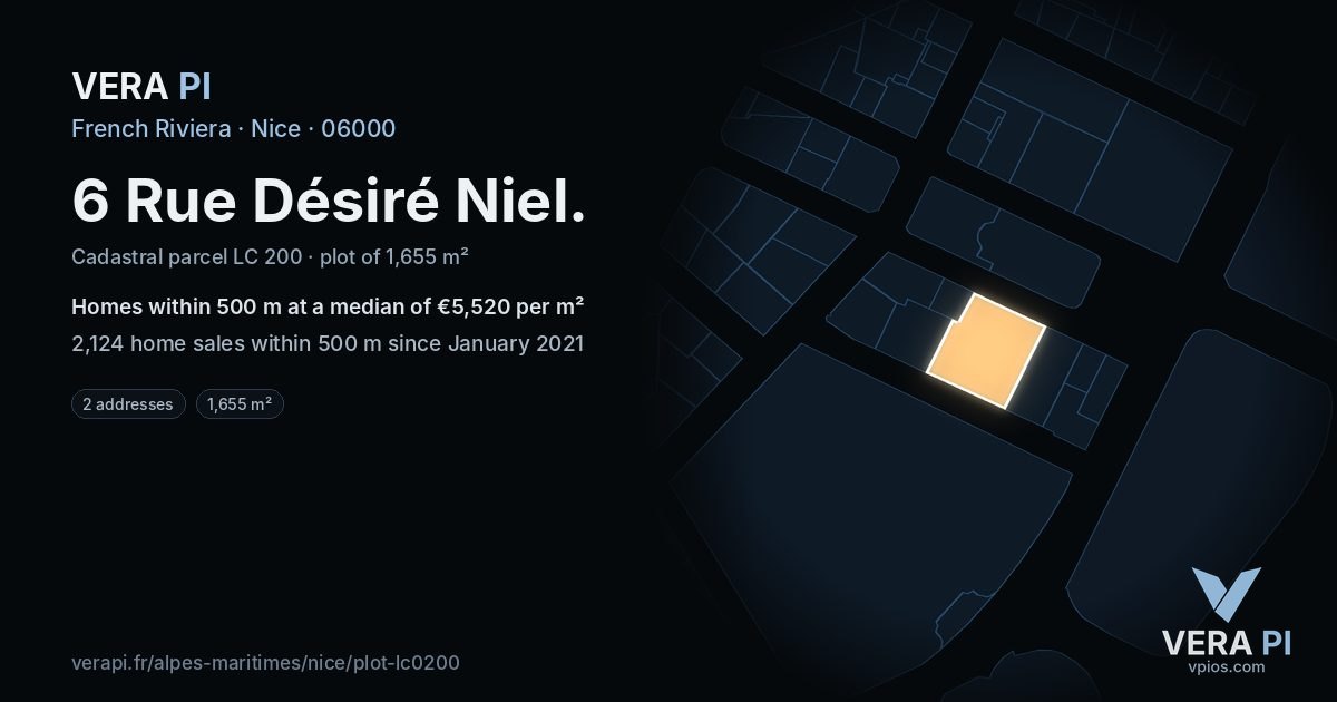 6 Rue Désiré Niel, Nice at night – the plot lit, the parcels around coloured by the prices near them
