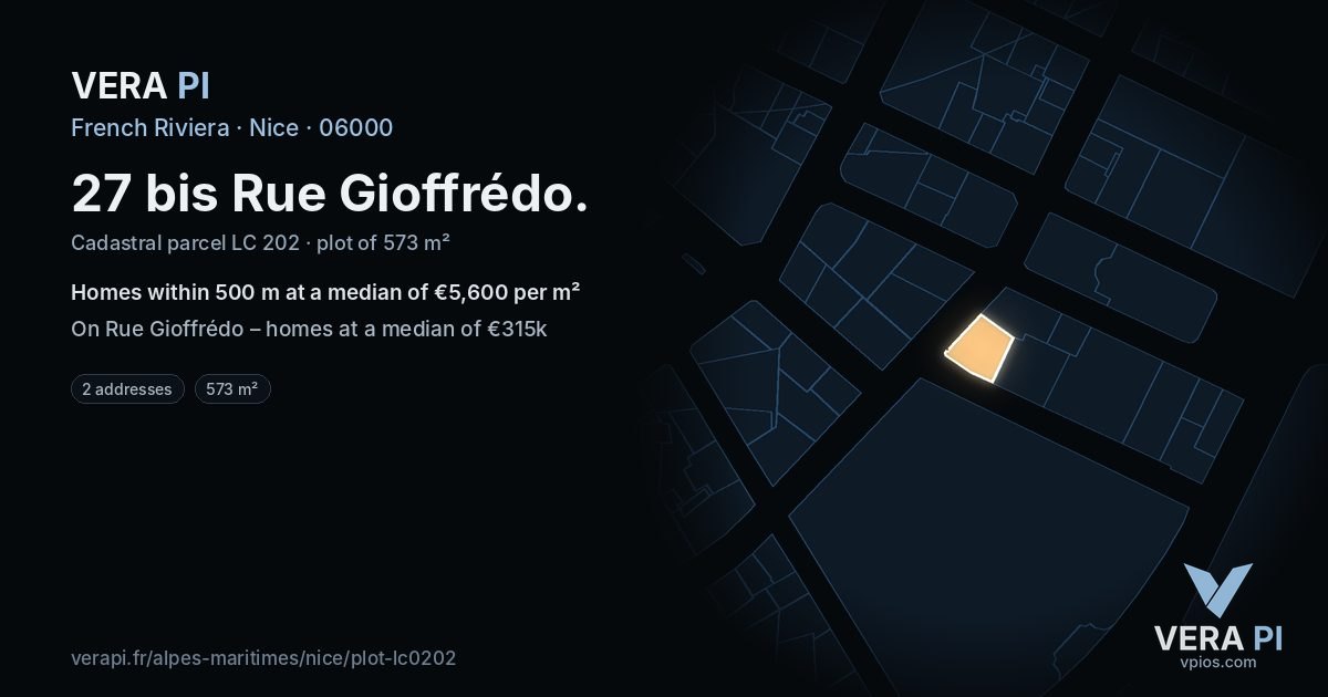 27 bis Rue Gioffrédo, Nice at night – the plot lit, the parcels around coloured by the prices near them