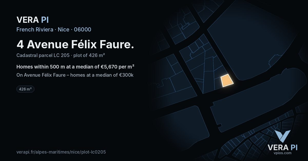 4 Avenue Félix Faure, Nice at night – the plot lit, the parcels around coloured by the prices near them
