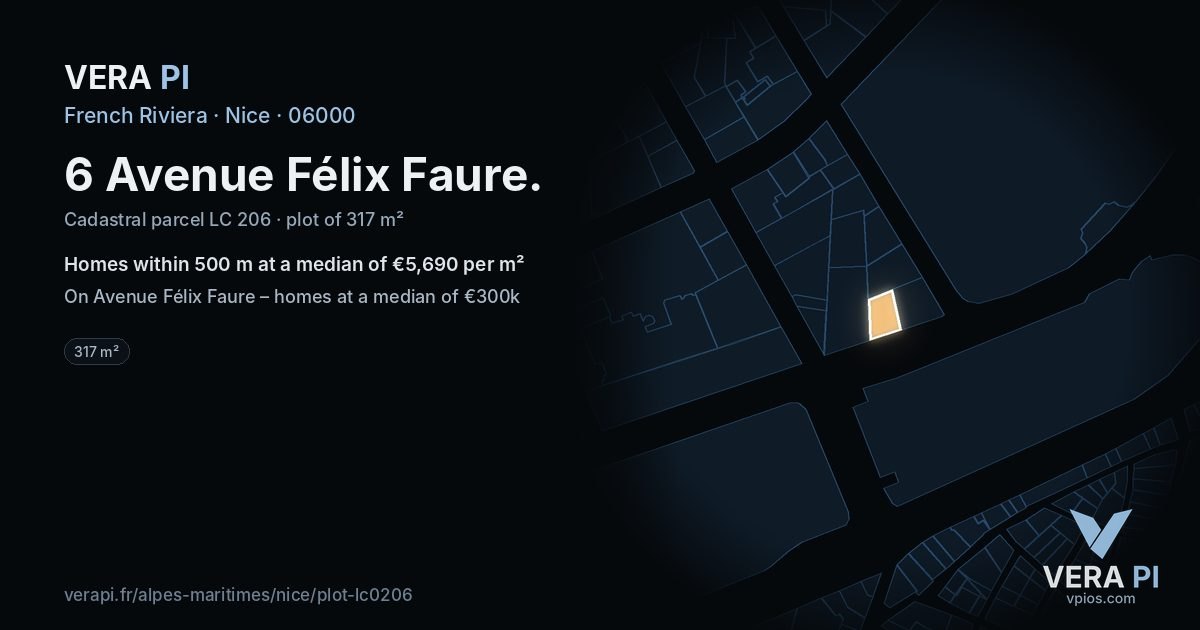 6 Avenue Félix Faure, Nice at night – the plot lit, the parcels around coloured by the prices near them