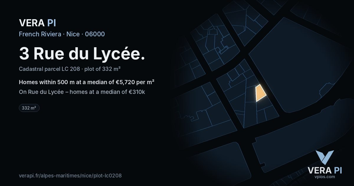 3 Rue du Lycée, Nice at night – the plot lit, the parcels around coloured by the prices near them