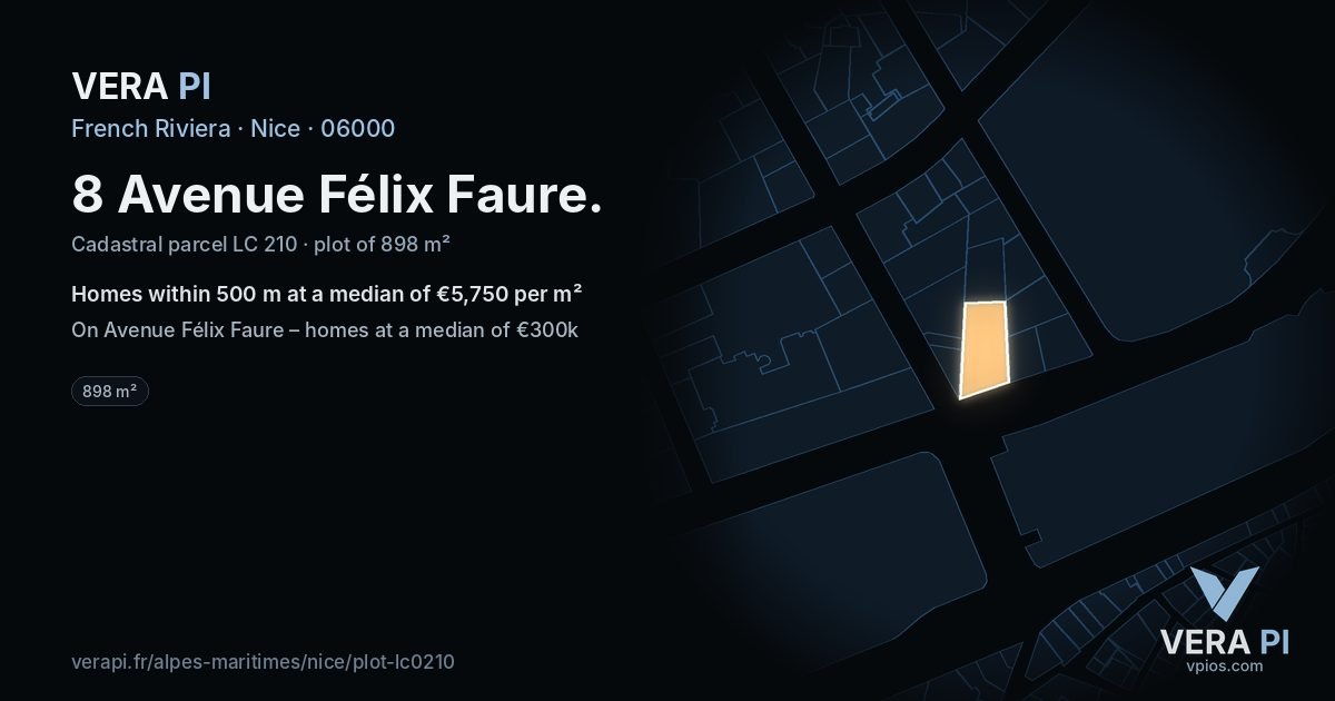 8 Avenue Félix Faure, Nice at night – the plot lit, the parcels around coloured by the prices near them