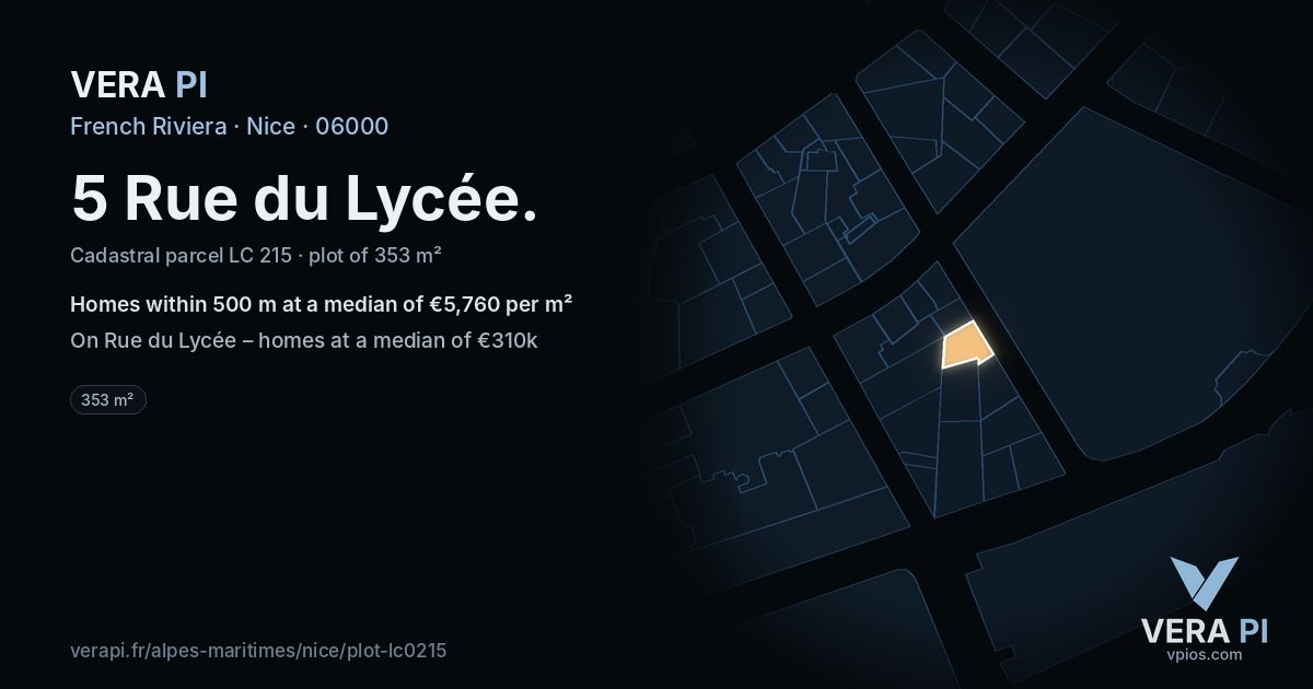 5 Rue du Lycée, Nice at night – the plot lit, the parcels around coloured by the prices near them