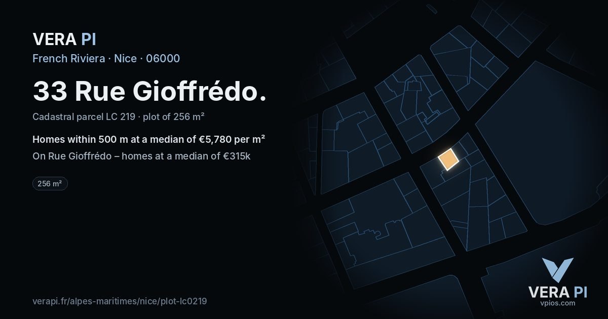 33 Rue Gioffrédo, Nice at night – the plot lit, the parcels around coloured by the prices near them