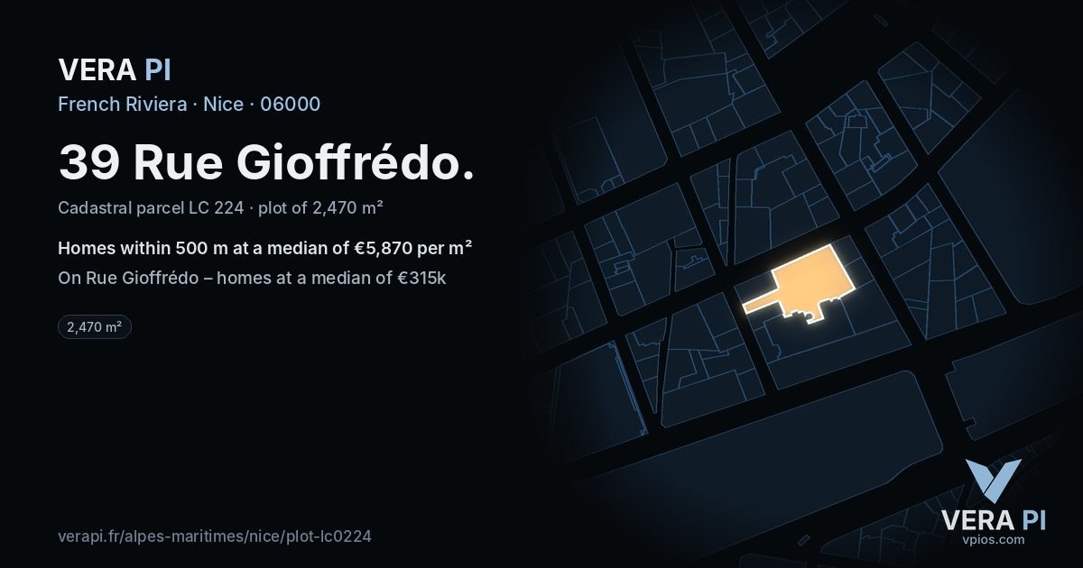 39 Rue Gioffrédo, Nice at night – the plot lit, the parcels around coloured by the prices near them